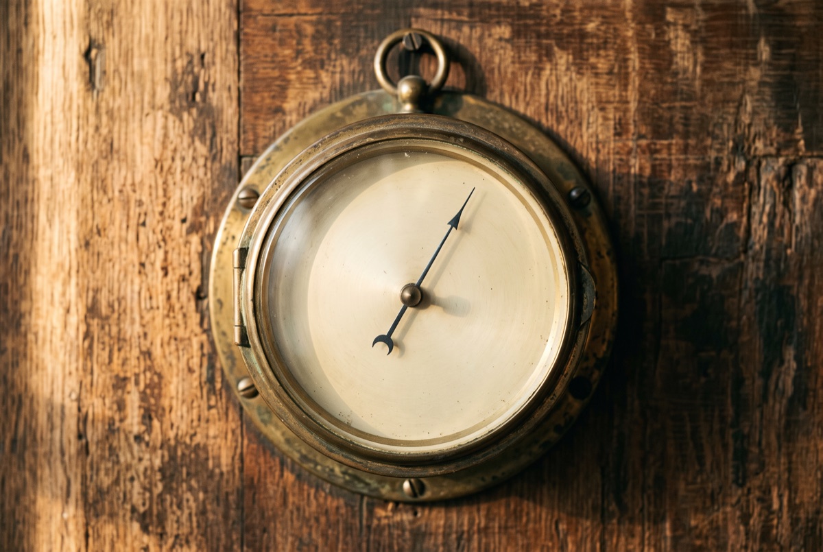 A brass barometer with a blank face on a wooden wall