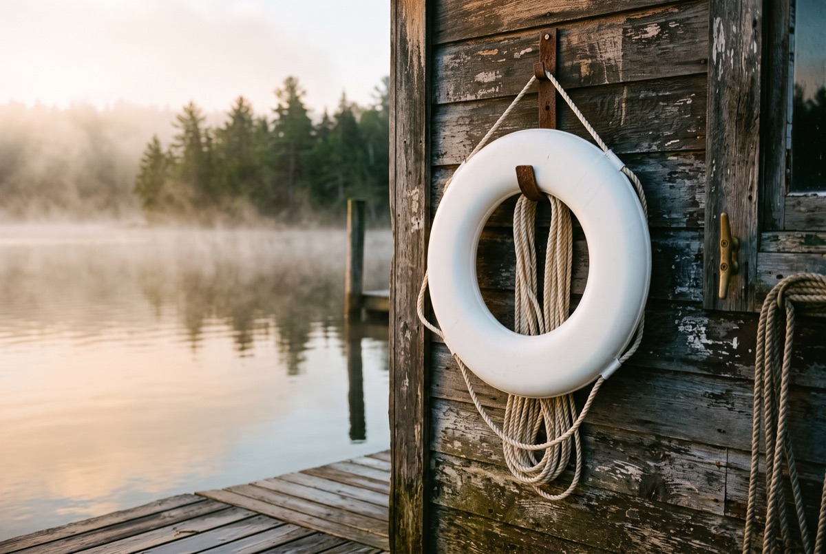 A lifebuoy on a boathouse wall by a calm lake