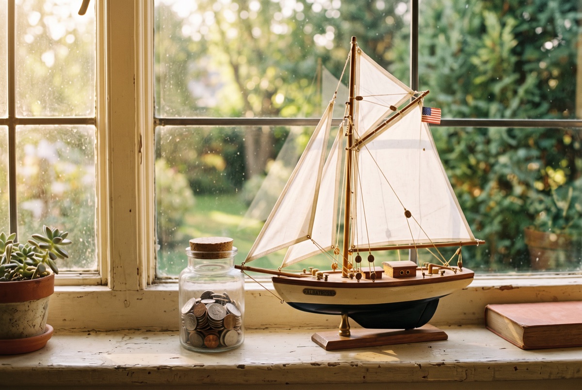 A model sailboat beside a jar of coins on a windowsill