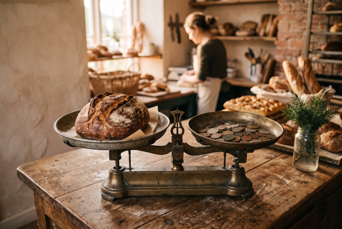A loaf of bread balanced against coins on an old scale