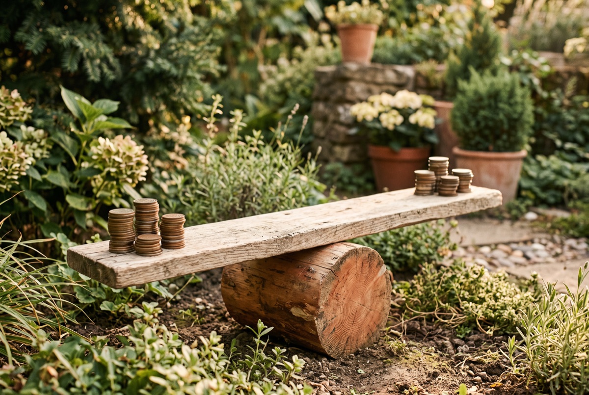 A plank seesaw with coin stacks on both ends