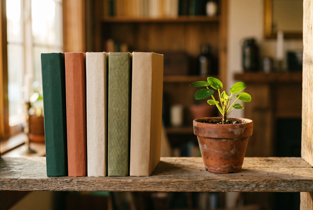 Clothbound books with a sprouting plant on top