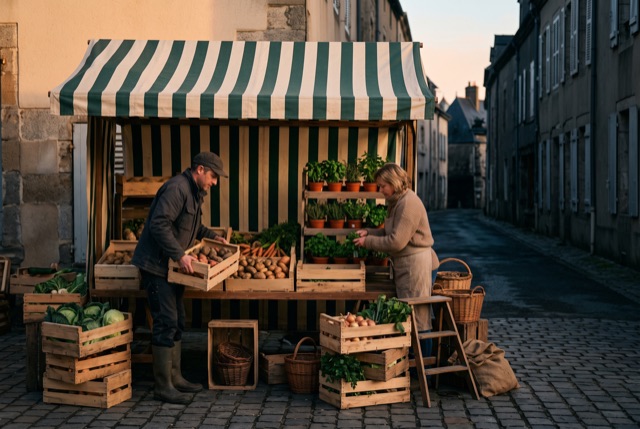 A market stall being set up under an awning at dawn
