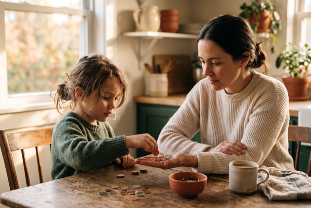 A child counting coins into a parent's open hand