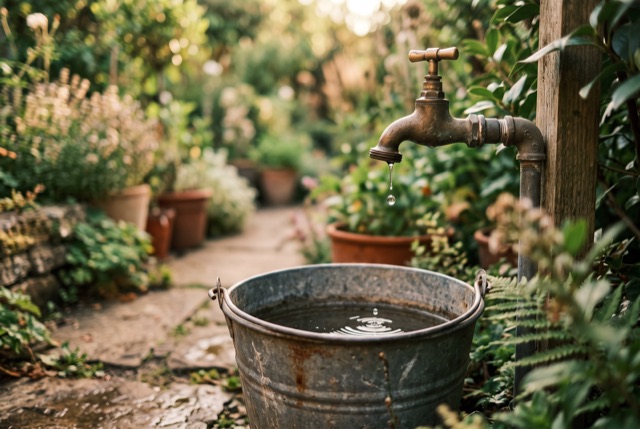 A dripping garden tap with a bucket beneath