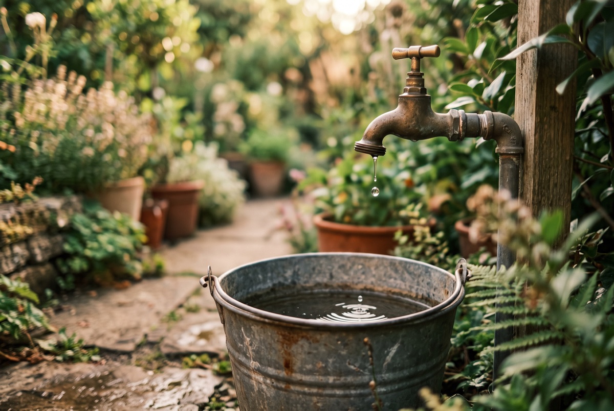 A dripping garden tap with a bucket beneath