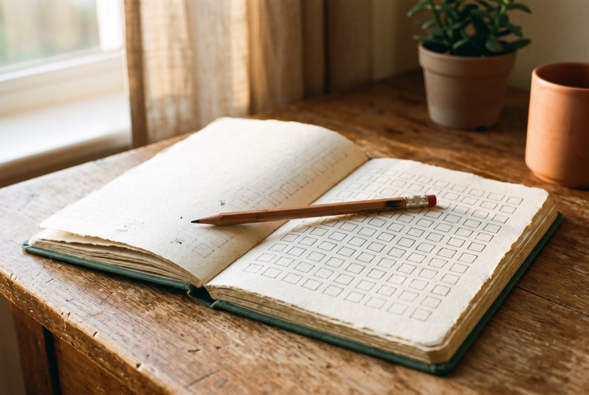 An empty hand-drawn grid in a notebook with a pencil