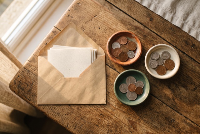 An envelope and coins sorted into three small dishes