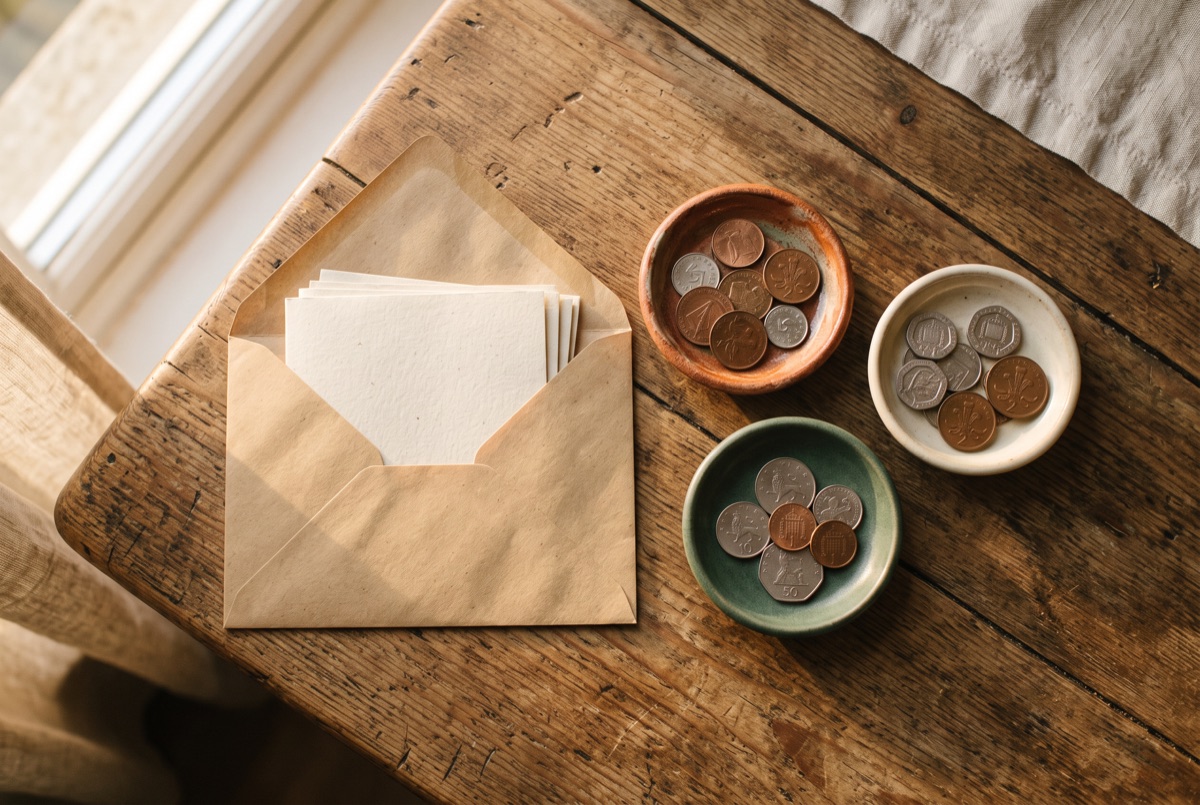 An envelope and coins sorted into three small dishes