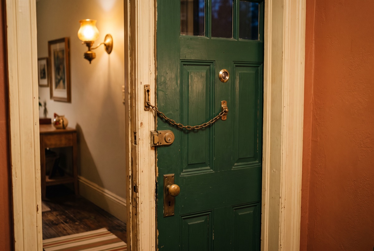 A door chain engaged on a front door, seen from inside