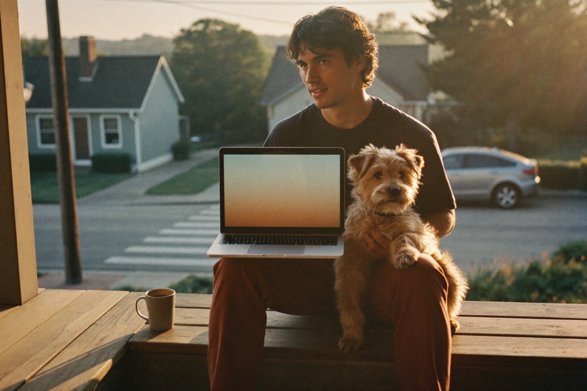 Working on a laptop on the porch at sunrise