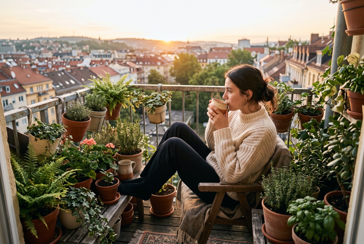 Morning coffee on a plant-filled balcony at sunrise