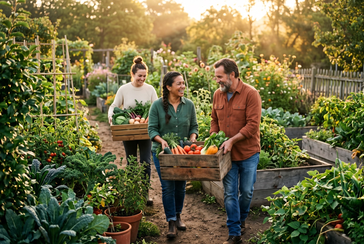 Neighbors carrying crates of vegetables through a community garden