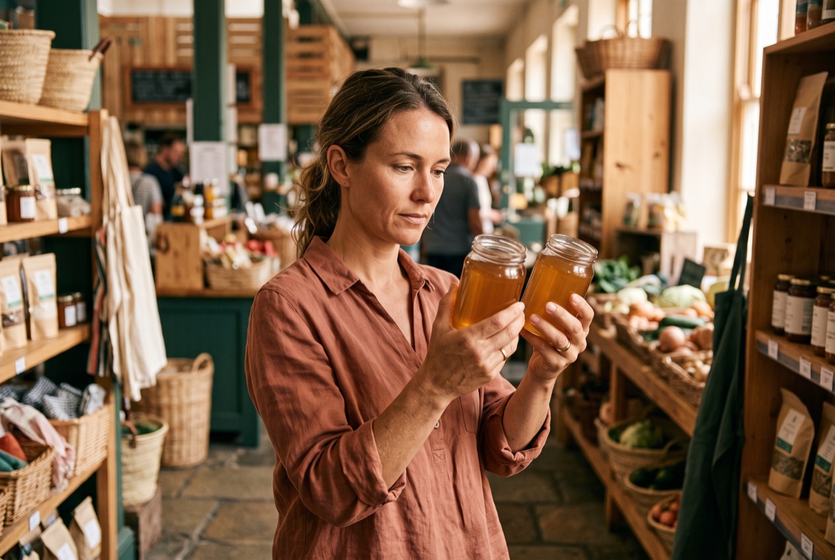 Comparing two jars in a market aisle