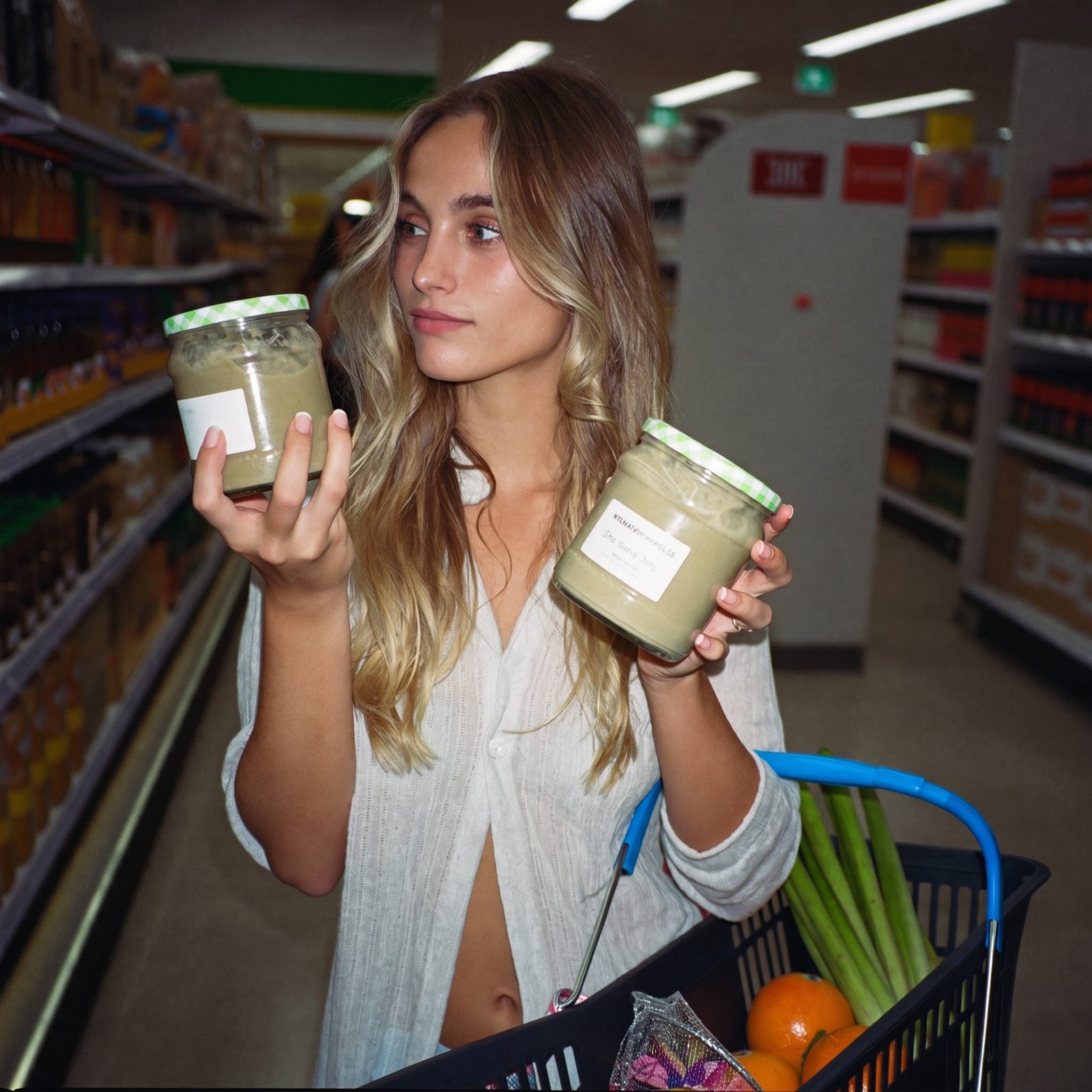 Comparing two jars in a grocery aisle