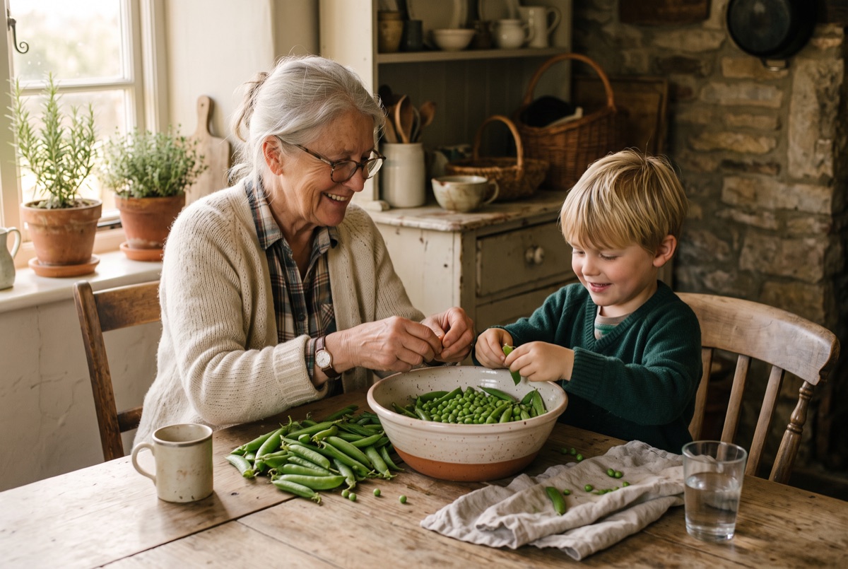 A grandparent and child shelling peas at a farmhouse table