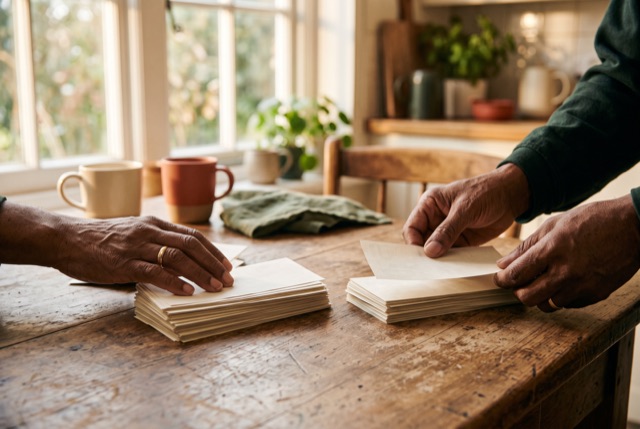 Hands sorting papers into two neat piles on a kitchen table