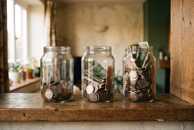 Three glass jars on a shelf, each fuller than the last