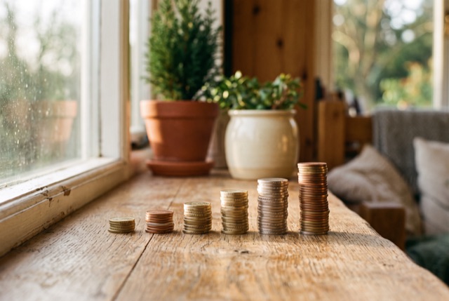 Coin stacks rising in a row on a sunny windowsill