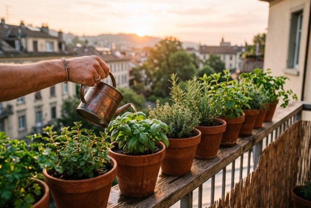 Watering a row of potted herbs on a balcony at sunrise