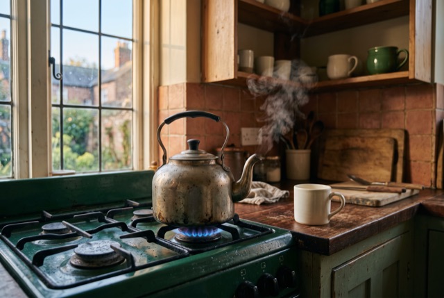 A kettle starting to steam on an old stove at first light