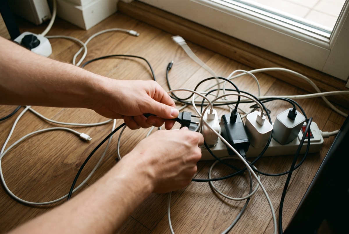 Hands unplugging a tangle of chargers from a power strip