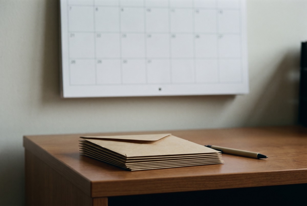 A blank calendar above a desk