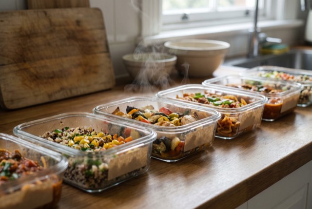 Meal-prep containers lined up on a bright counter