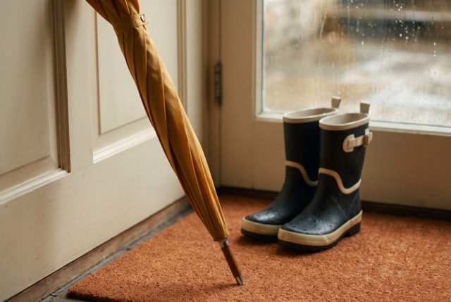 A yellow umbrella and boots by the door on a rainy day