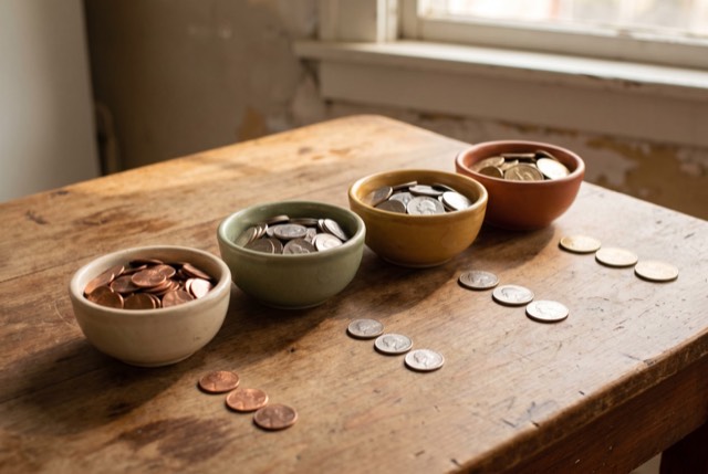 Coins sorted into small bowls