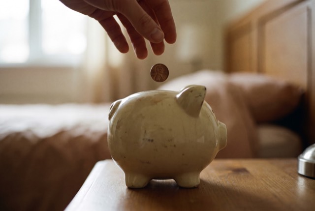 Dropping a coin into a ceramic piggy bank