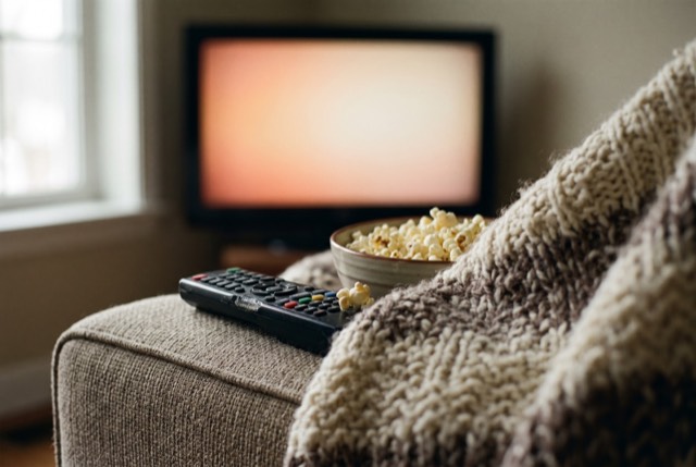 A remote and popcorn in front of a glowing TV