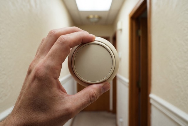 A hand adjusting a wall thermostat