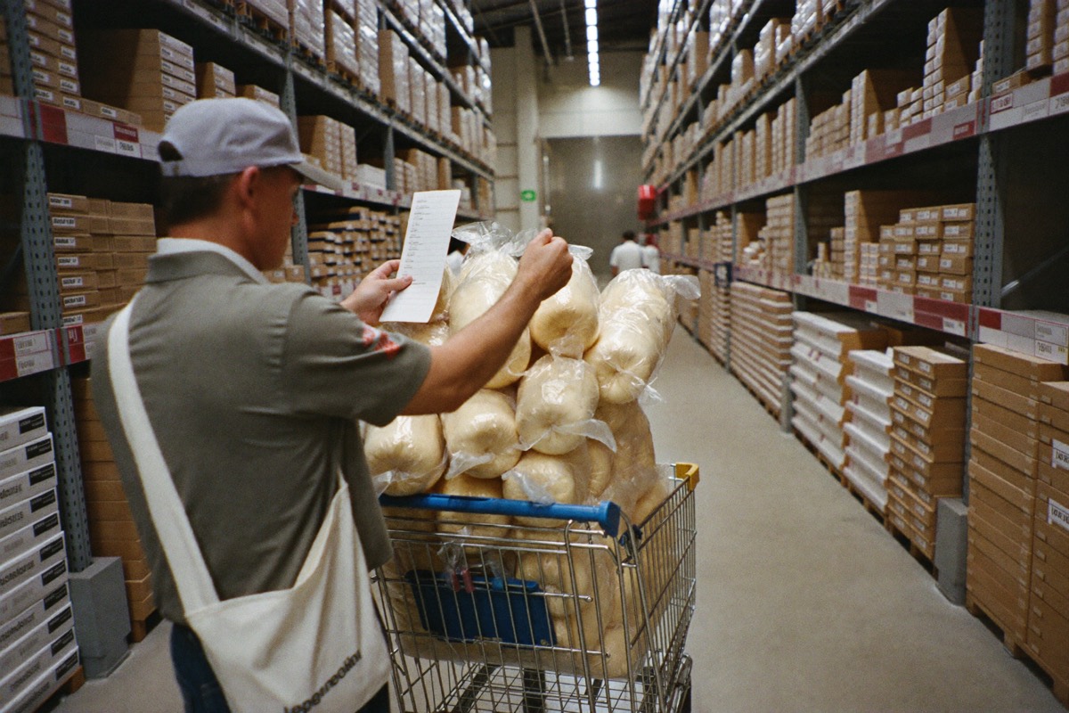 A flatbed cart in a tall warehouse aisle