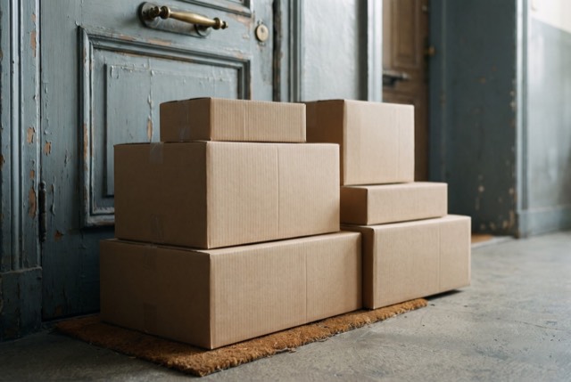 Delivery boxes stacked at an apartment door