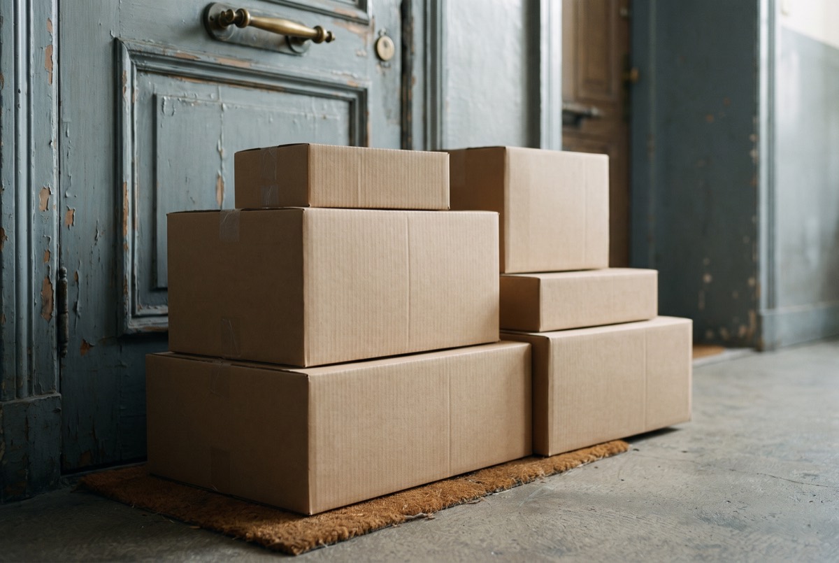 Delivery boxes stacked at an apartment door