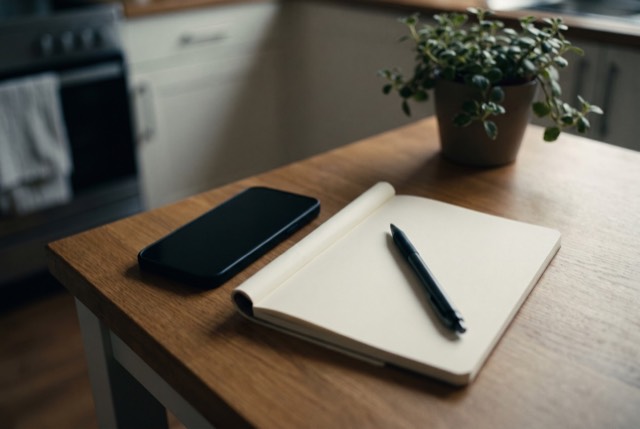 A phone face-down beside a notepad, calm lamp light