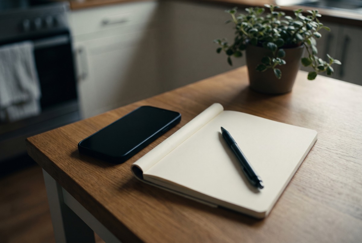 A phone face-down beside a notepad, calm lamp light