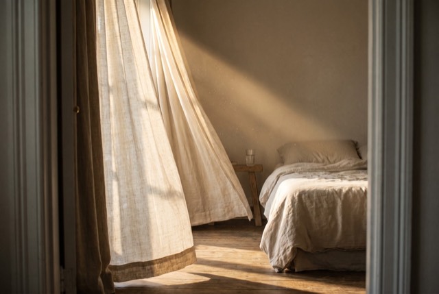 Curtains opening to bright morning light