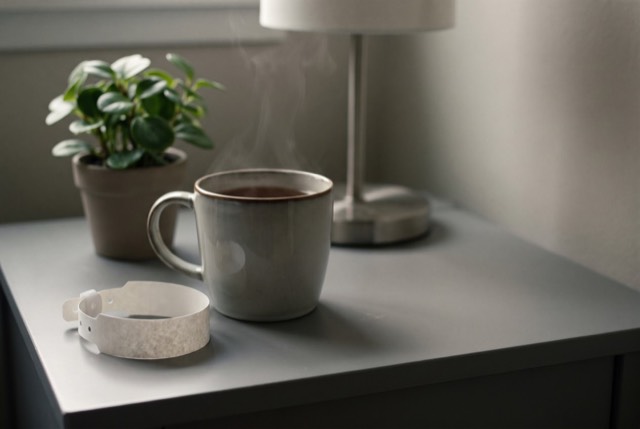 A hospital wristband and tea beside a plant