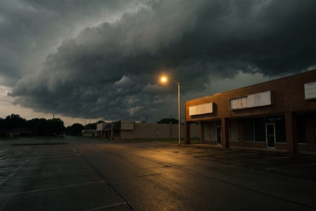 Storm clouds gathering over a dusk street