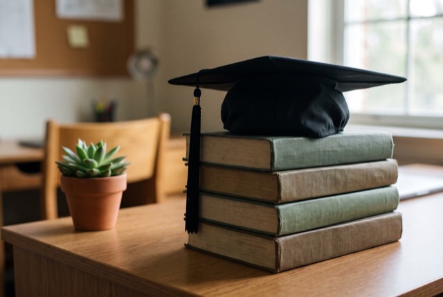 A graduation cap on a stack of textbooks