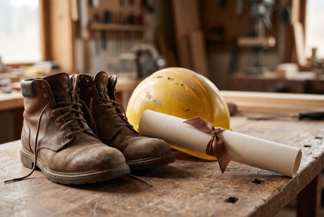 Work boots, a hard hat and a rolled certificate