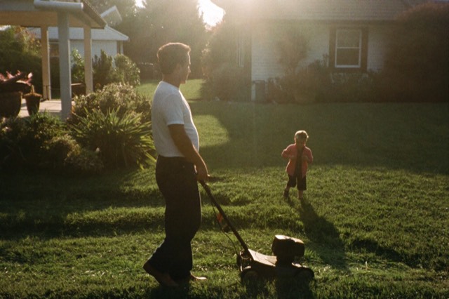 Mowing a lawn at golden hour