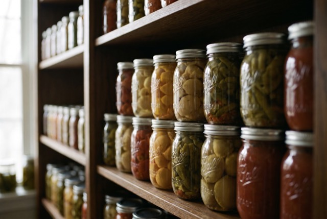 A stocked pantry of preserved jars