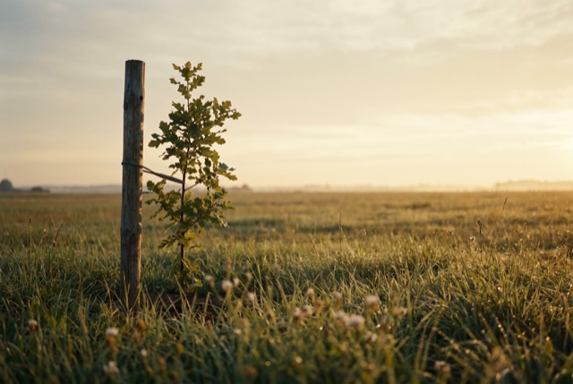 A staked oak sapling at sunrise