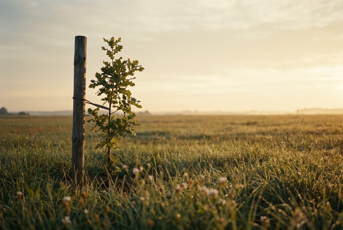 An oak sapling at sunrise