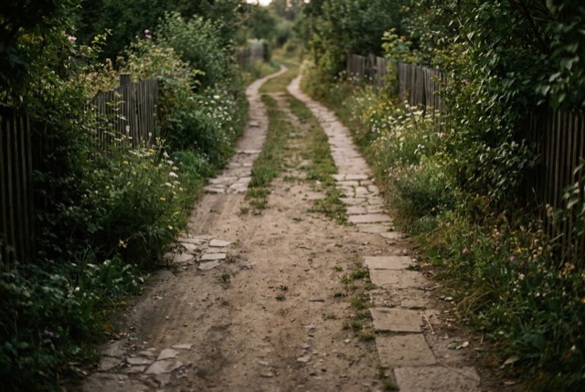 A garden path forking between pavers and wildflowers