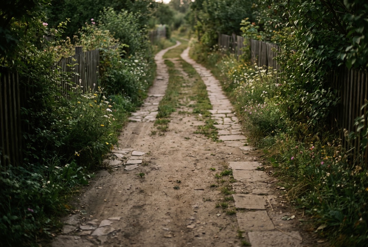A garden path forking between pavers and wildflowers