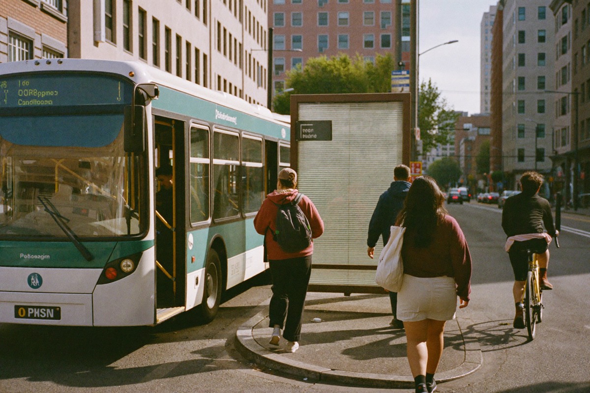 Boarding a city bus in the morning
